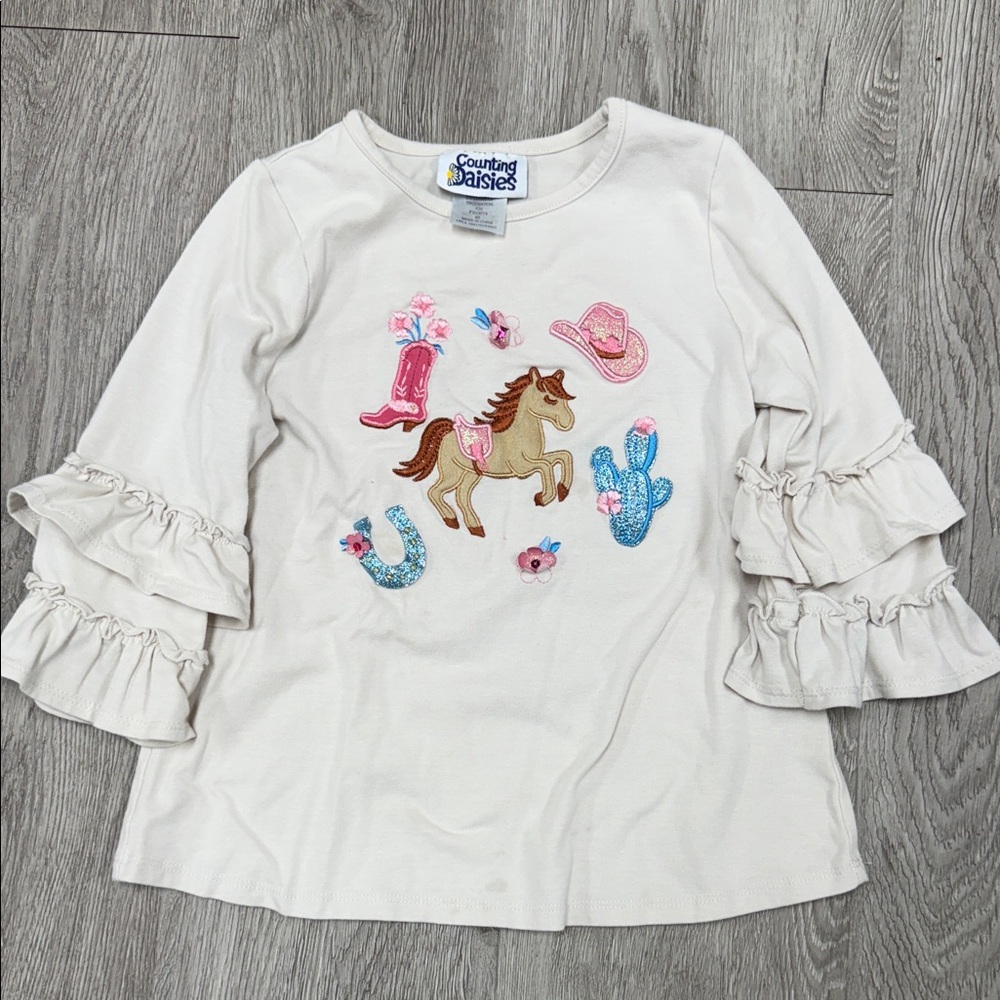 Counting Daisies Cream Kids Long Sleeve Shirt with Western Design